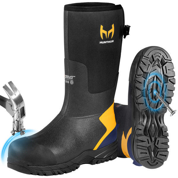 Hunthor Steel Toe Work Boots for Men with Xerogel Thermal Insulation, Waterproof Rubber Safety Boots for Construction and Cold Weather