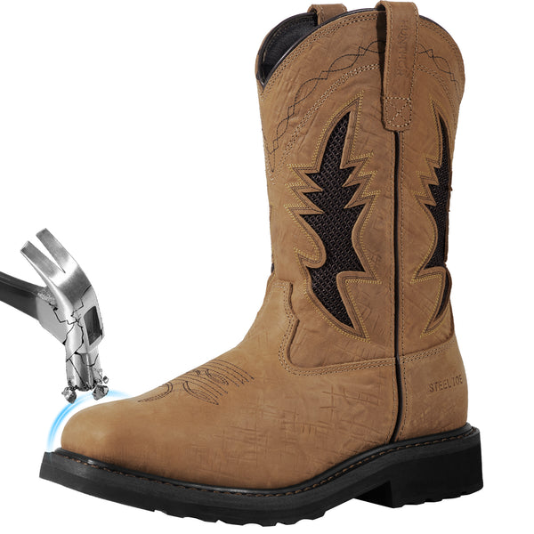 Breathable Steel Toe Cowboy Boots for Men - Puncture-Proof with EVA Mid-Sole, Leather GoodyearWelt, Anti-Slip Square Toe Work Boots, Breathable Western Men's Brown Boots for Construction, Farming (Size, 7-14)