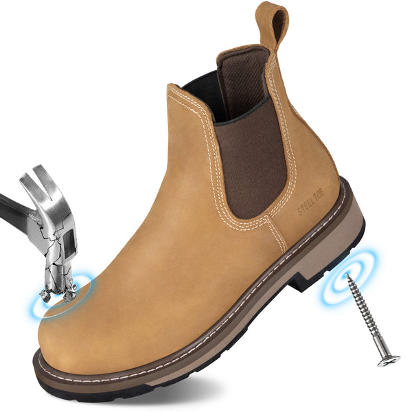 Slip-On Work Boots for Men, Steel Toe Puncture-Proof with EVA Mid-Sole, Full Grain Leather Non-Slip Chelsea Safety Shoes, Comfortable and Ideal for Industrial Construction (Size 7-14)